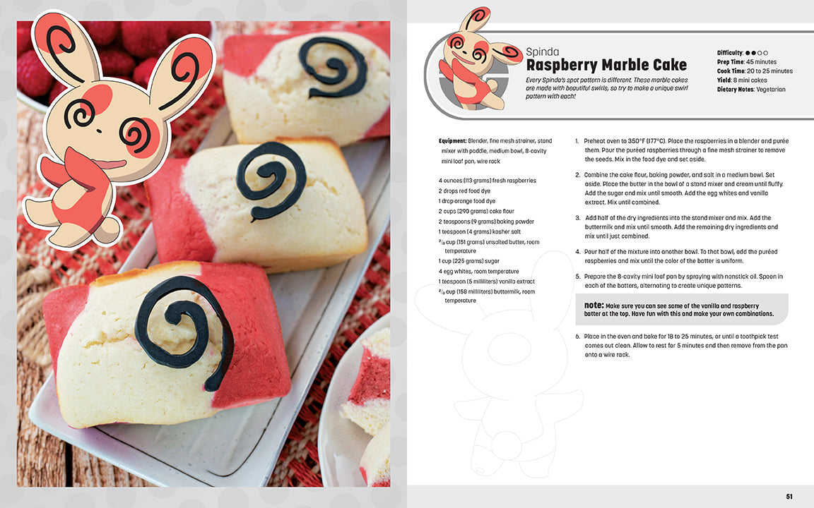 Bread with black spiral design on a red base, accompanied by a recipe card for Raspberry Marble Cake.
