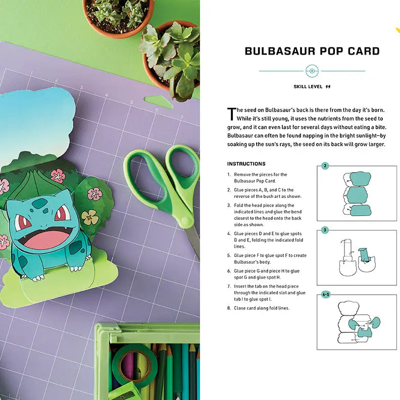 A page from the book. The page describes how to create a Bulbasaur pop card, with an image of the finished project on the left.