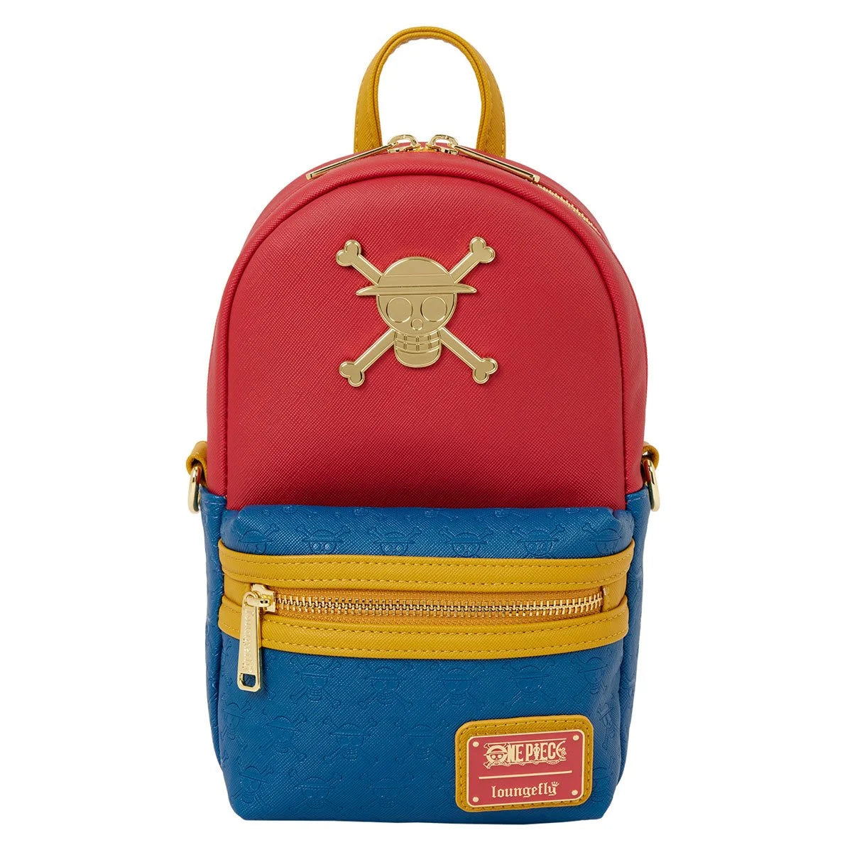 A red, yellow, and blue sling bag with a gold skull and crossbones charm on the back. The skull is wearing a straw hat. Attached to the bag is a brown strap with a red and blue zippered coin bag. A sticker at the bottom right corner of the bag says "once piece, loungefly."
