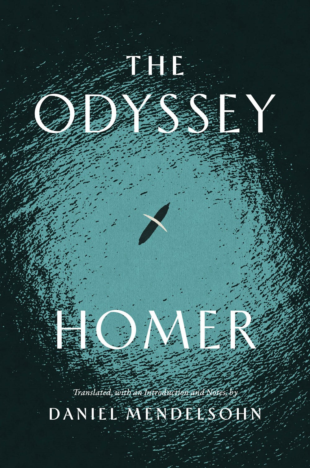 A black and blue book cover. On the front is a black and while silhouette image of an ancient boat and sail, on the ocean. White text says "The odyssey, Homer."