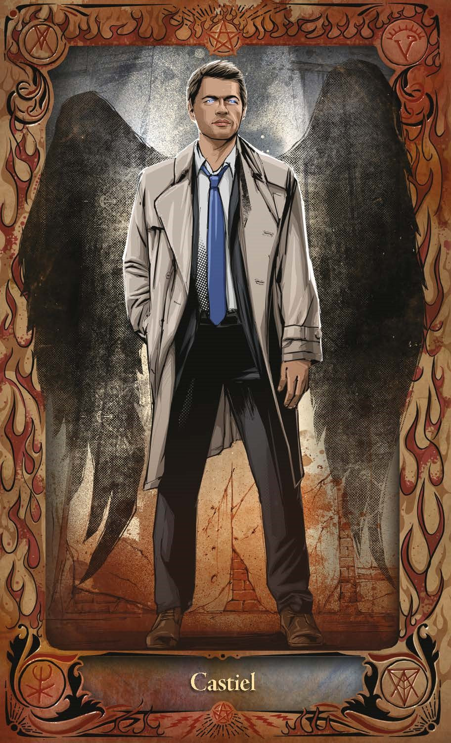 An oracle card featuring an illustration of Castiel with his black shadowed wings against a concrete wall. There are illustrated rustic flames around the edge of the card.