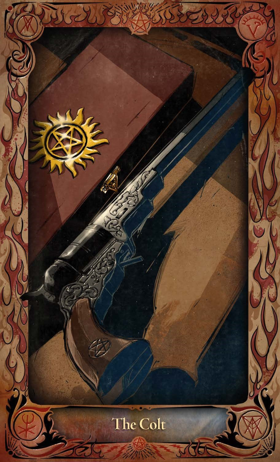 An oracle card featuring an illustration of "The Colt" gun from Supernatural, beside a wooden case with a gold anti-possession symbol on top. There are rustic flames around the edge of the card.