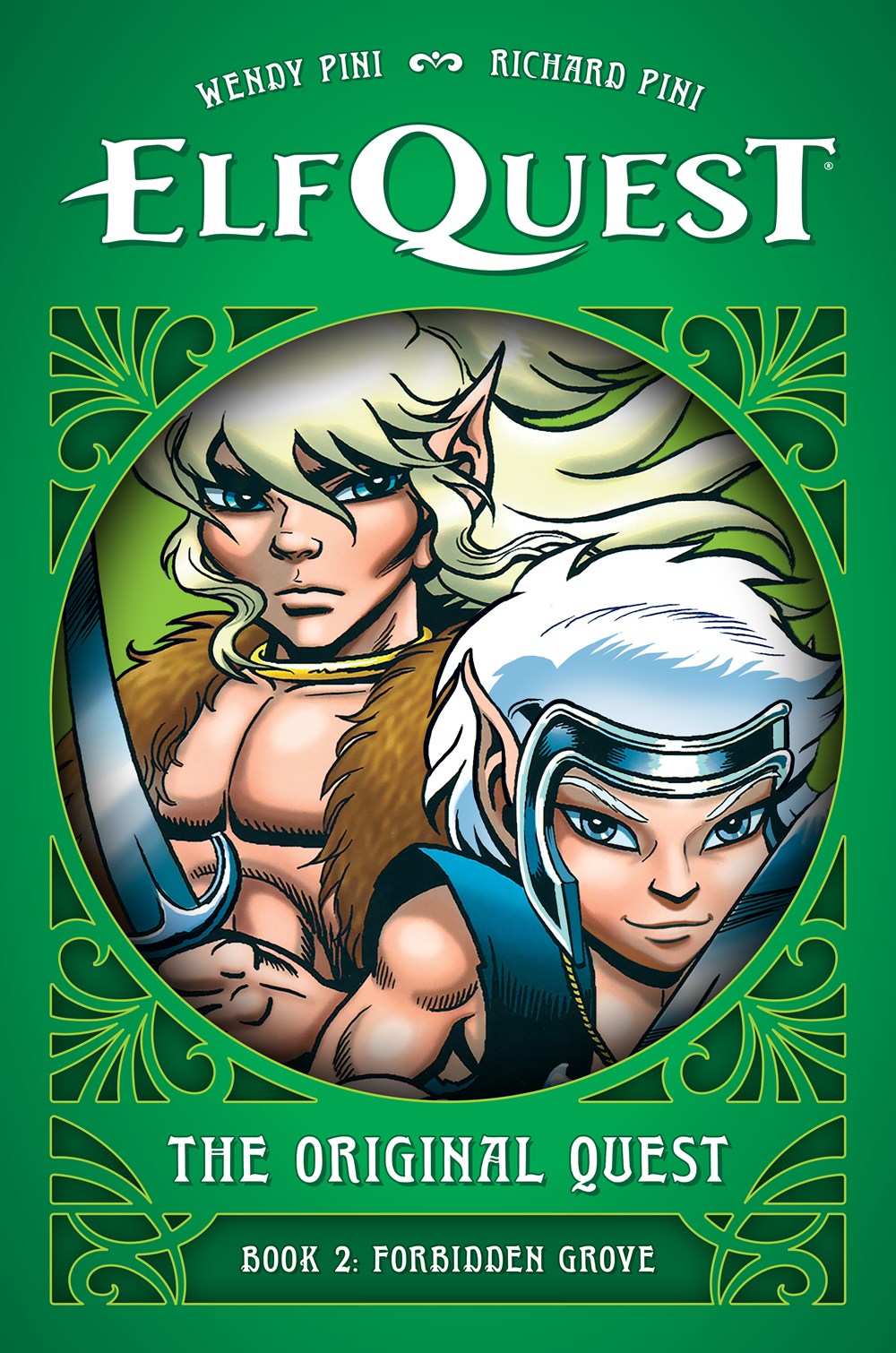 A green hardcover book. The front cover depicts characters from the comic series ElfQuest. White text says "elfquest, the original quest. Book 2, forbidden grove."