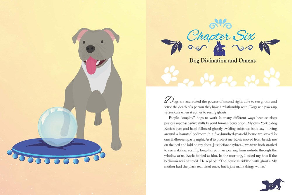 A two-page spread from the book. On the left page is a drawing of a grey and white dog standing next to a blue pillow with a crystal ball on it. On the right is text describing dog divination and omens.