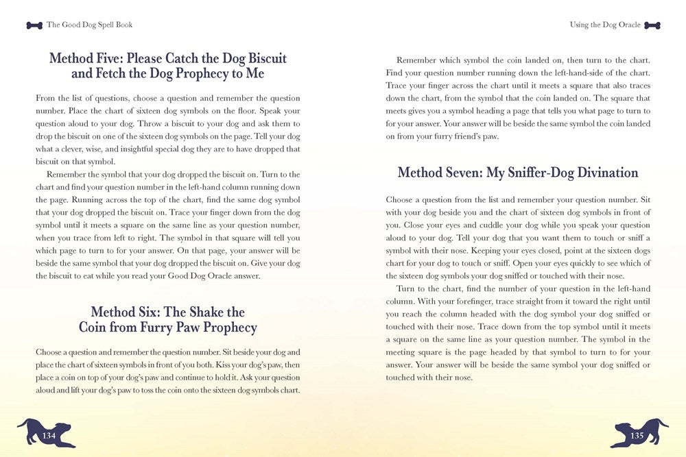 A two-page spread from the book, with text describing various dog spells.