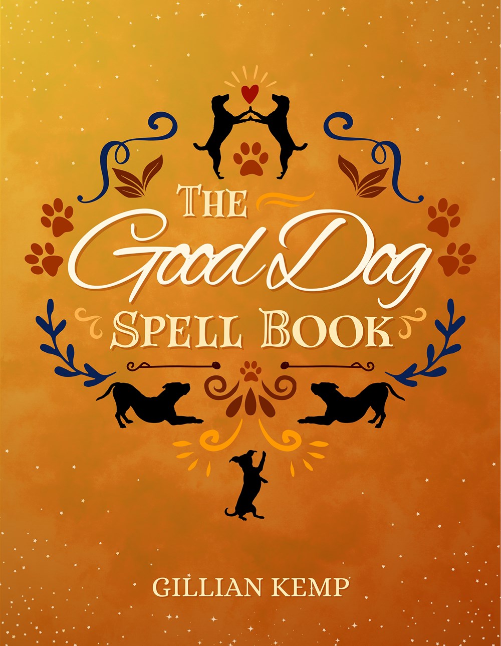 A yellow hardcover book. The cover depicts black silhouettes of dogs on a yellow background. White text says "The good dog spell book."
