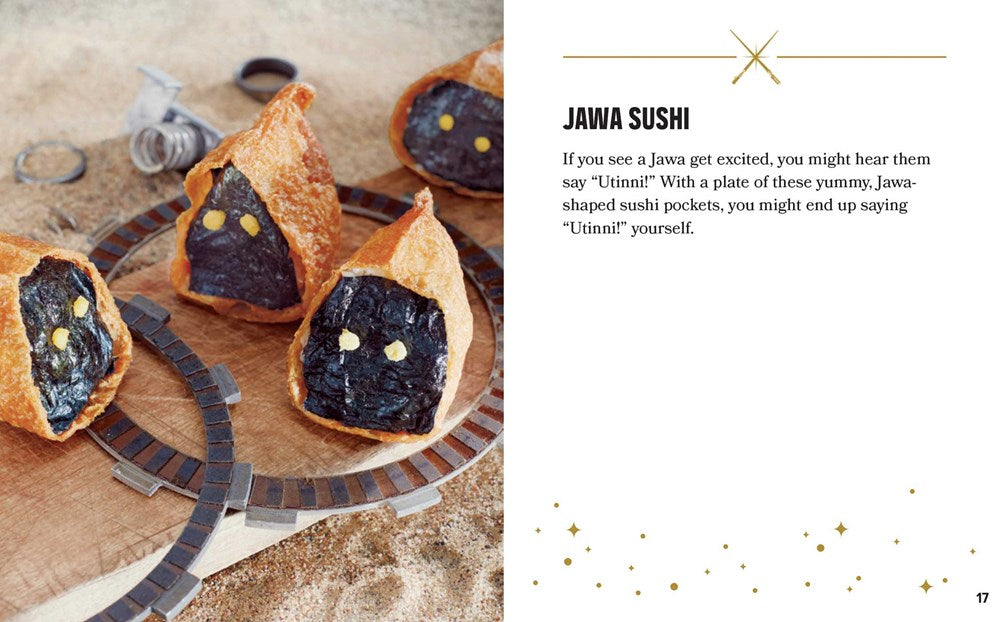 A two-page spread from the book. On the left are sushi pockets shaped like Jawas. On the right is a description of the dish in black text.