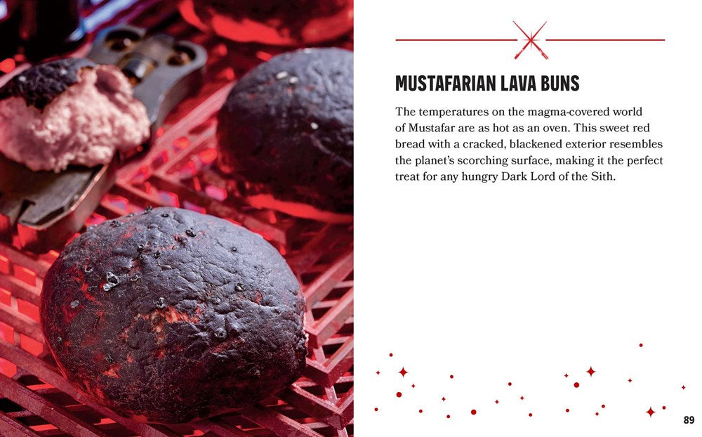 A two-page spread from the book. On the left are black bread buns, resembling lava rocks. On the right is a description in black text.