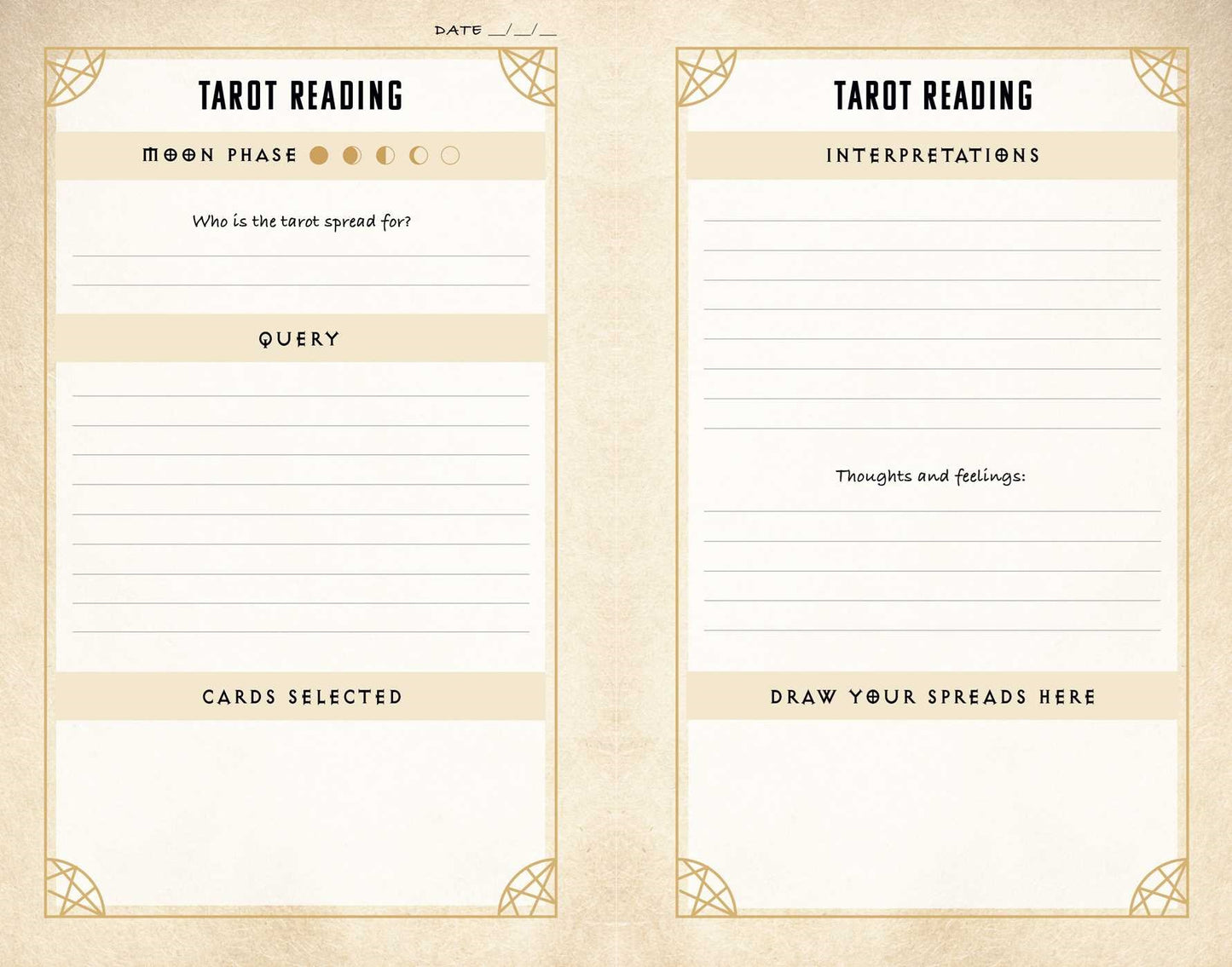 A two-page spread from the book, depicting two yellow pages with blank lines and text for entering tarot readins.