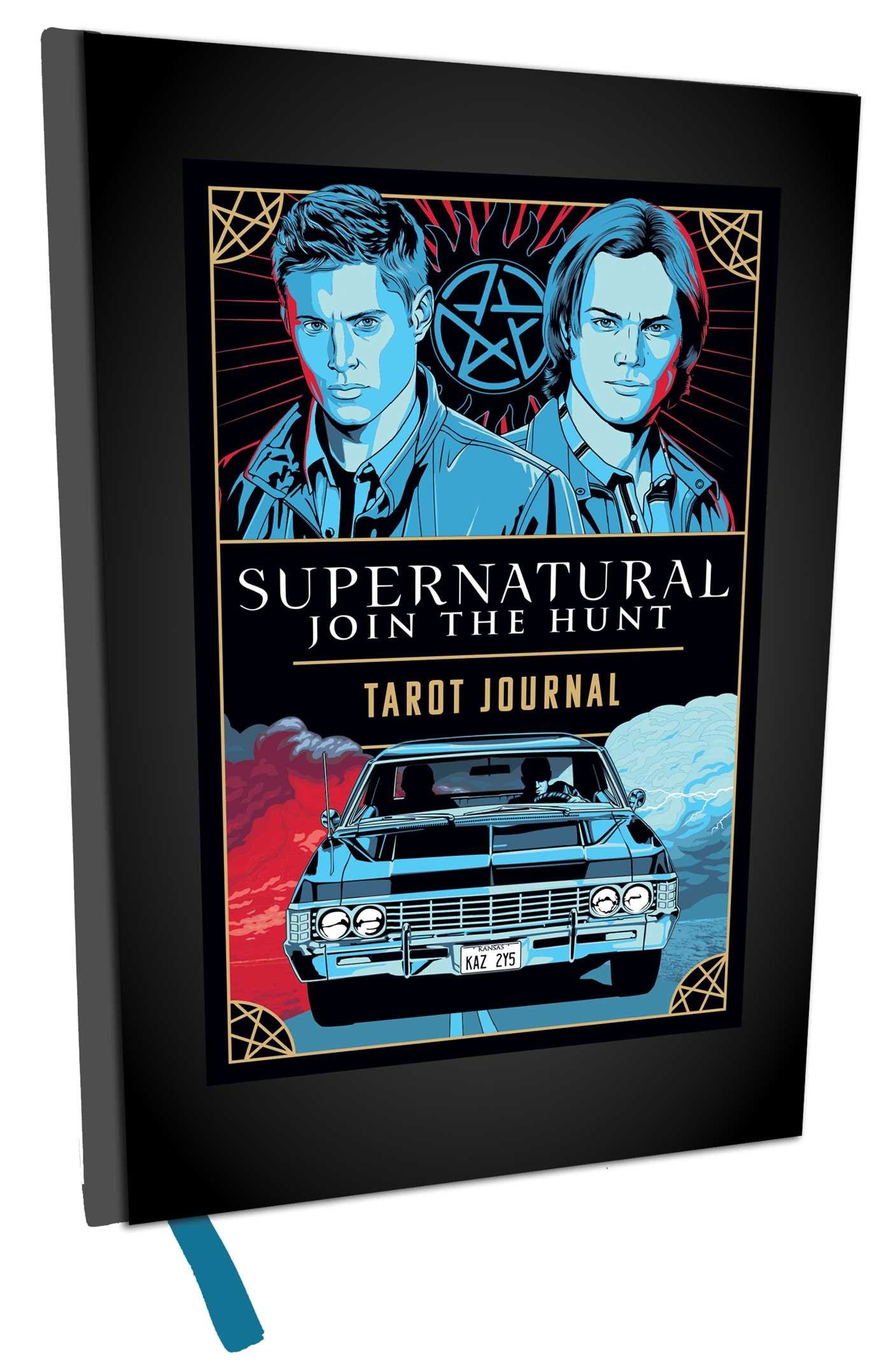 A black hardcover journal on a white background. The cover depicts blue and red drawings of Sam and Dean Winchester, with an anti-possession symbol between them. Underneath is a drawing of a black 1967 chevy impala. In the center is white and yellow text that says Supernatural, join the hunt. Tarot journal."