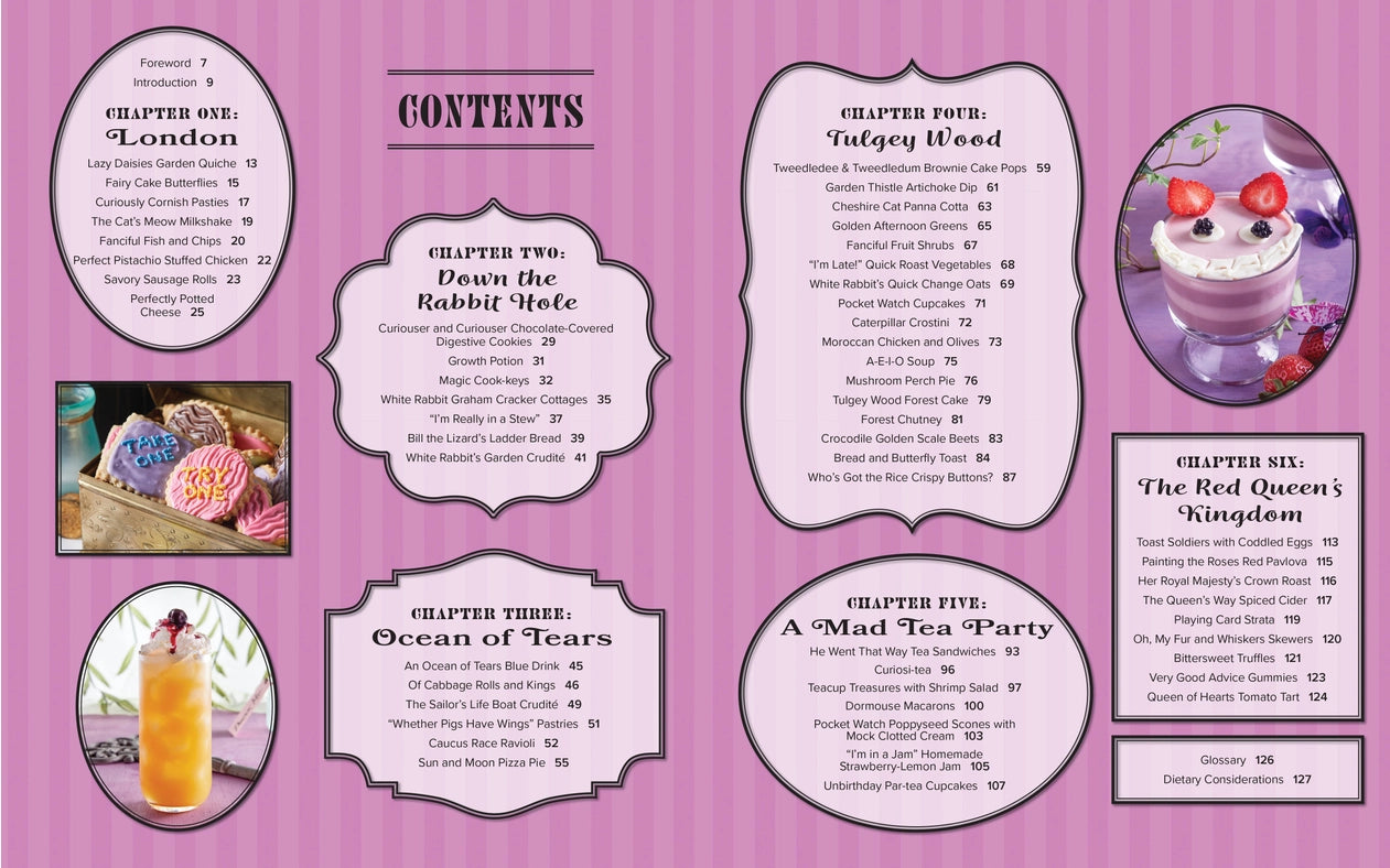 A two-page spread from the book, with a purple and pink background. Across both pages are the book's table of contents in separate groupings. Images of some of the recipes are among the text.