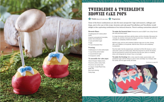 A two-page spread from the book. On the left are two cake pops, in red, yellow, white, and blue, on a grassy surface. Behind the pops is a white mushroom. On the right is a recipe for Tweedledee and Tweedledum brownie cake pops.