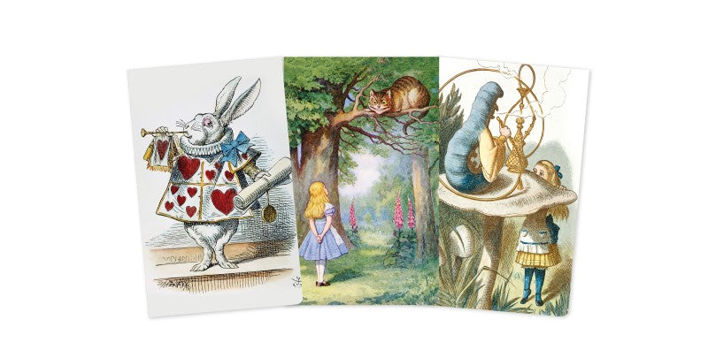 Three miniature notebooks side by side. Each book's cover depicts characters and scenes from the book "Alice in Wonderland."