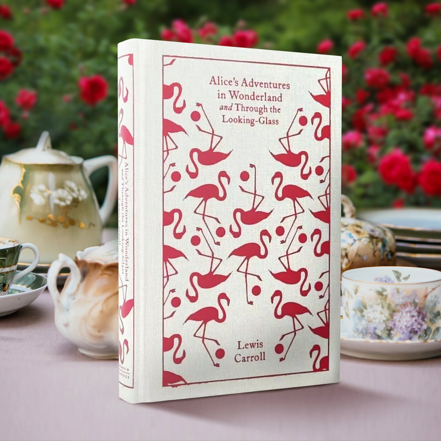 A white hardcover book standing on a lavender tabletop. The front cover has drawings of red flamingoes in a repeating pattern. Red text says "Alice's adventures in wonderland and through the looking glass." Behind the book are fancy teacups and teapots, with a rosebush in the background.