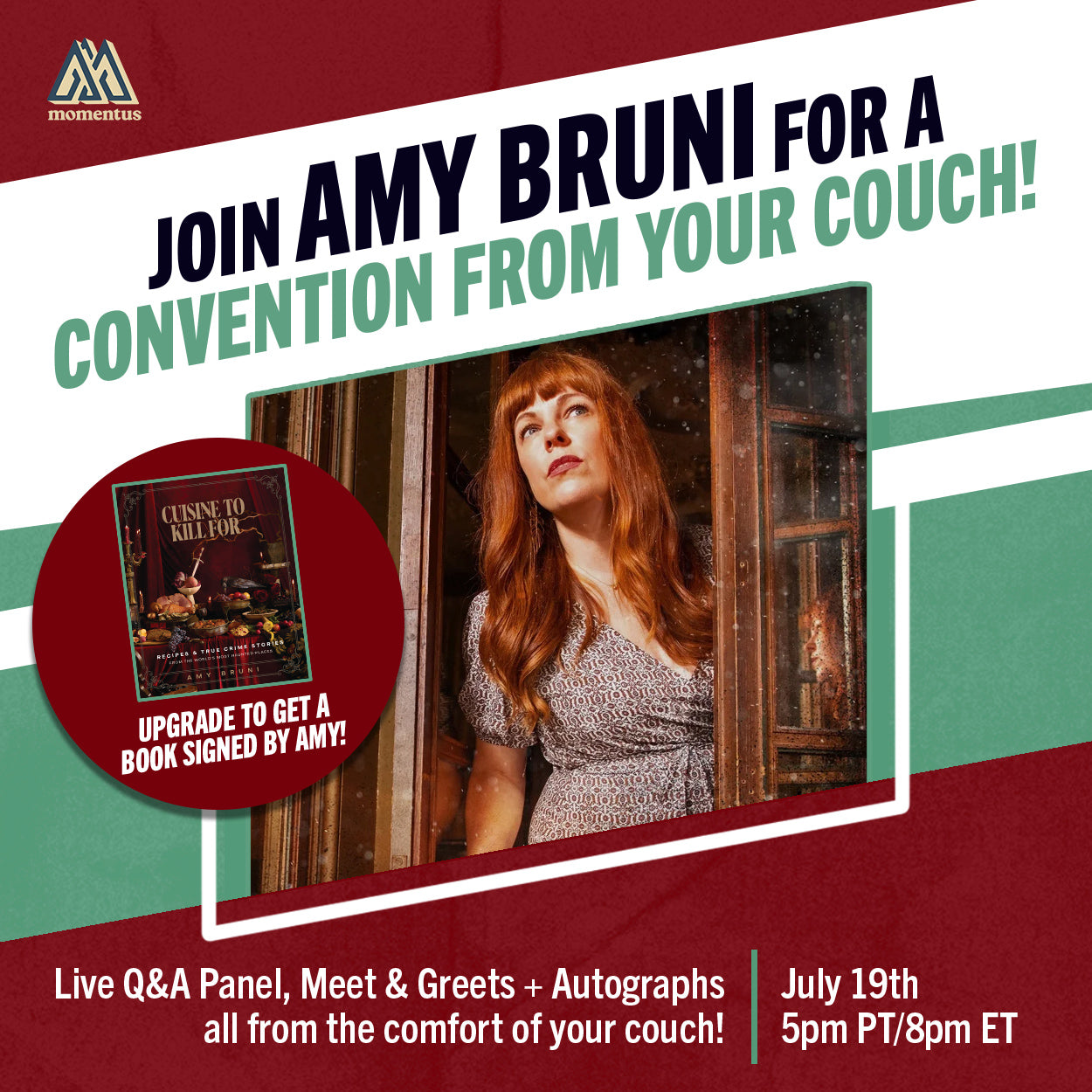 Promotional flyer for a convention featuring Amy Bruni with event details.