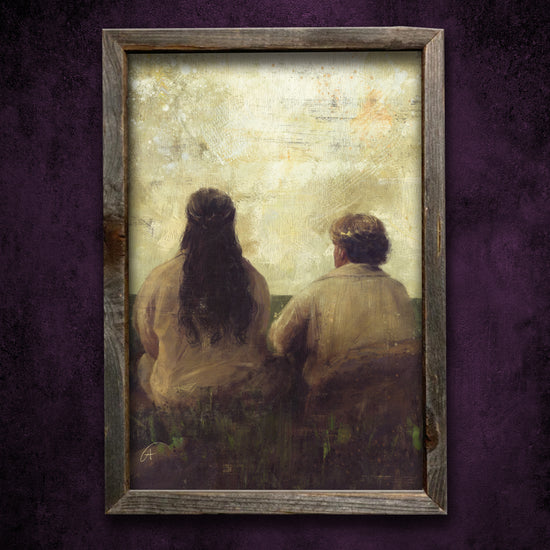 A framed lithograph against a dark purple background. The lithograph depicts the backs of the characters Ed and Stede from the TV series Our Flag Means Death, sitting next to each other in the grass, looking out at the sky.