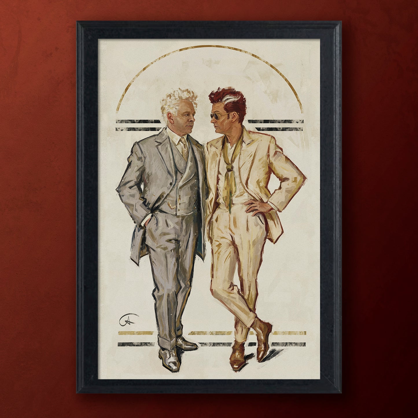 Framed artwork of two men in suits on a red wall