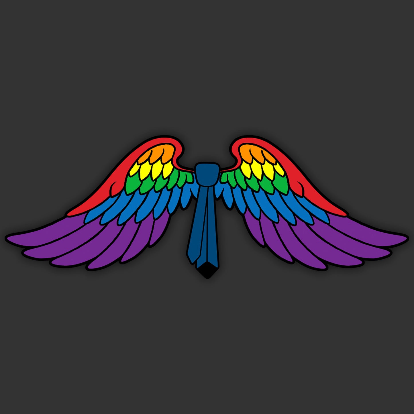 A window sticker depicting rainbow-colored angel wings and a blue necktie