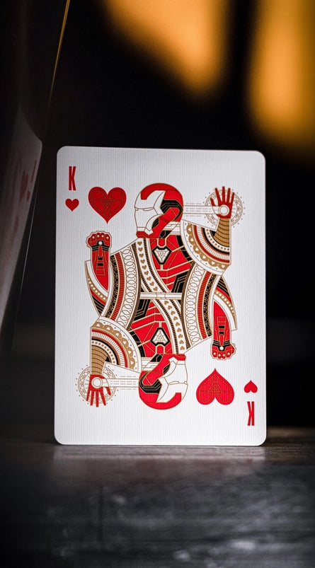 A King of Hearts playing card. The image of the King has been replaced by the character Iron Man.