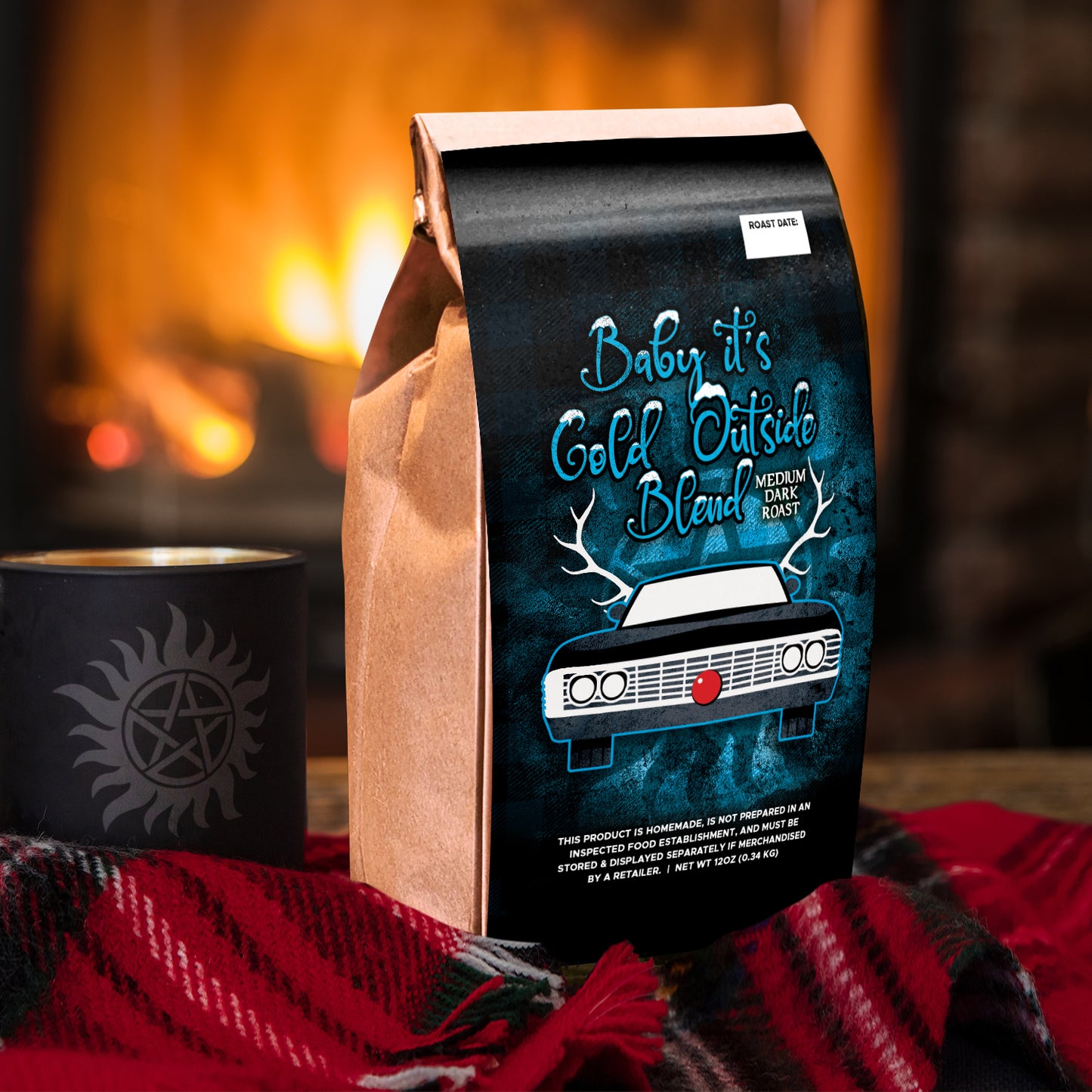 Coffee bag labeled 'Baby it's Cold Outside Blend' with a car graphic on a cozy background.