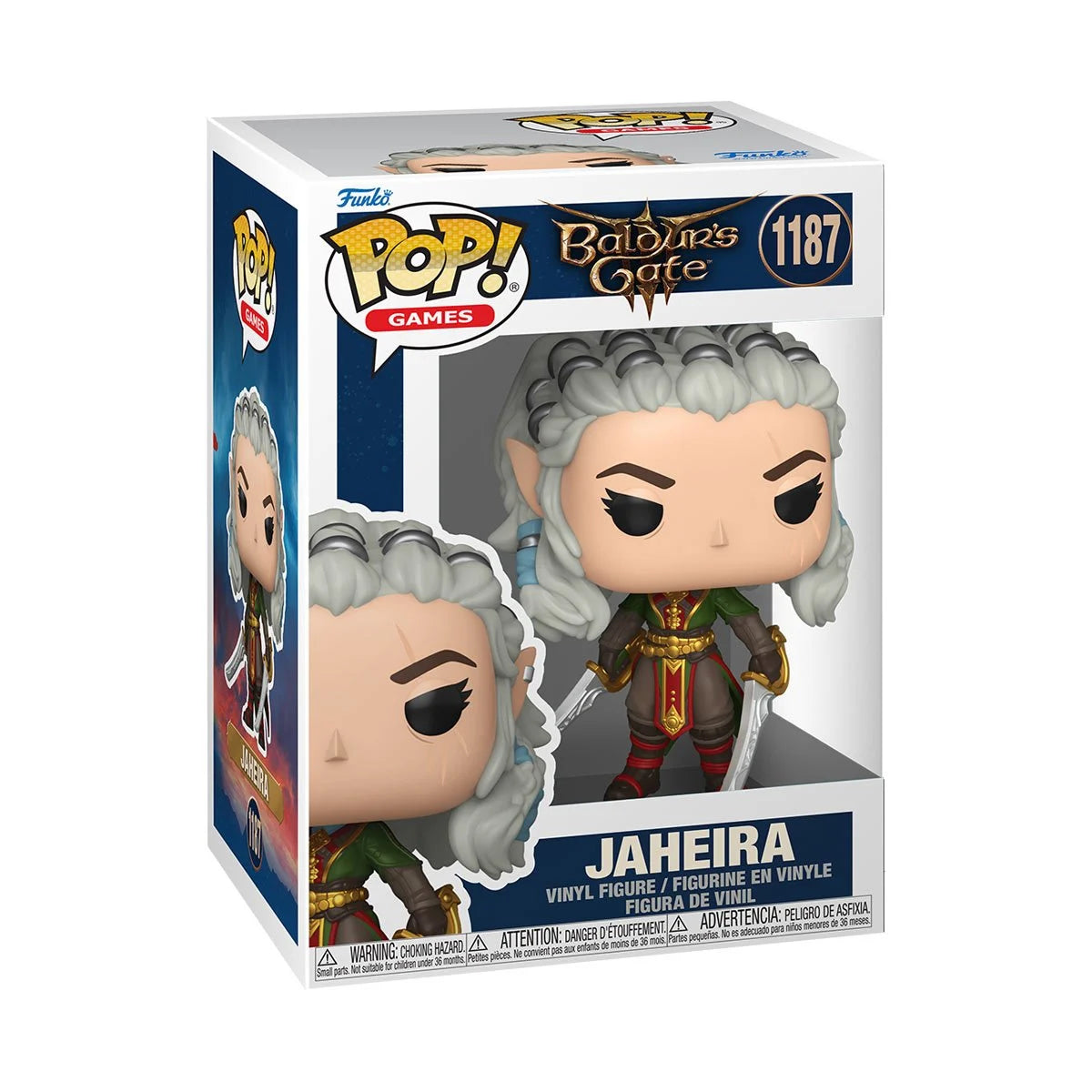 A card board box with a transparent front, containing a bobblehead figure depicting Jaheira from the game Baldur's Gate 3.
