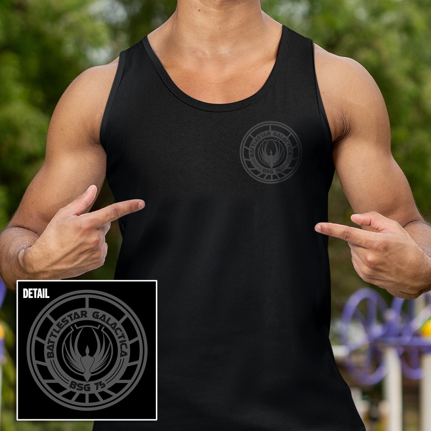 Model in a black tank top with the Battlestar Galactica log on the front