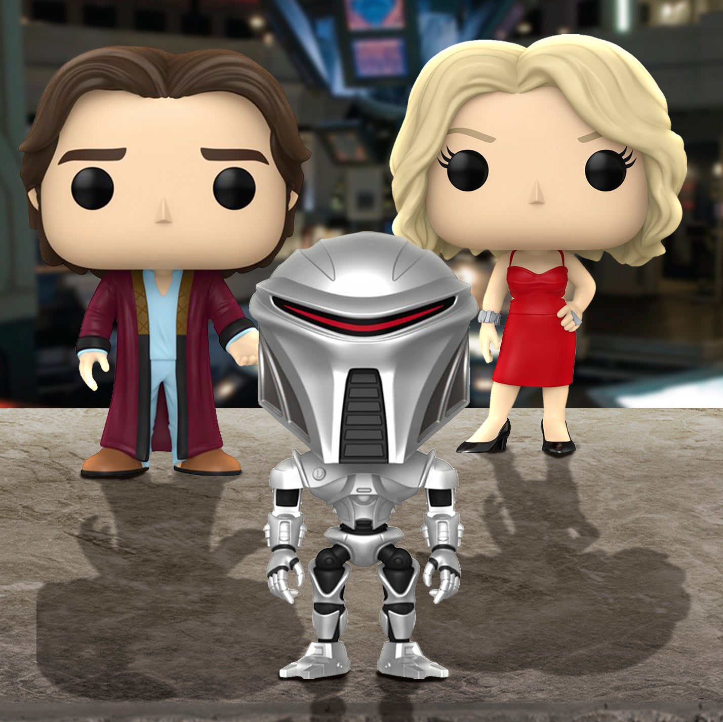 Three Funko Pop! figures depicting characters from Battlestar Galactica