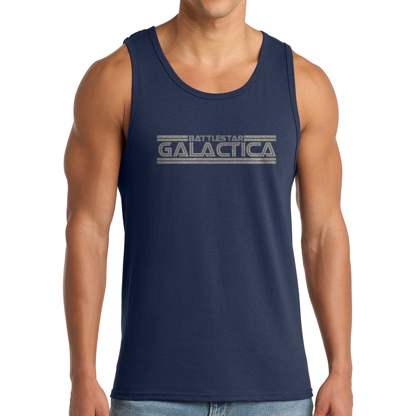 Navy tank top with 'Battlestar Galactica' logo on a white background