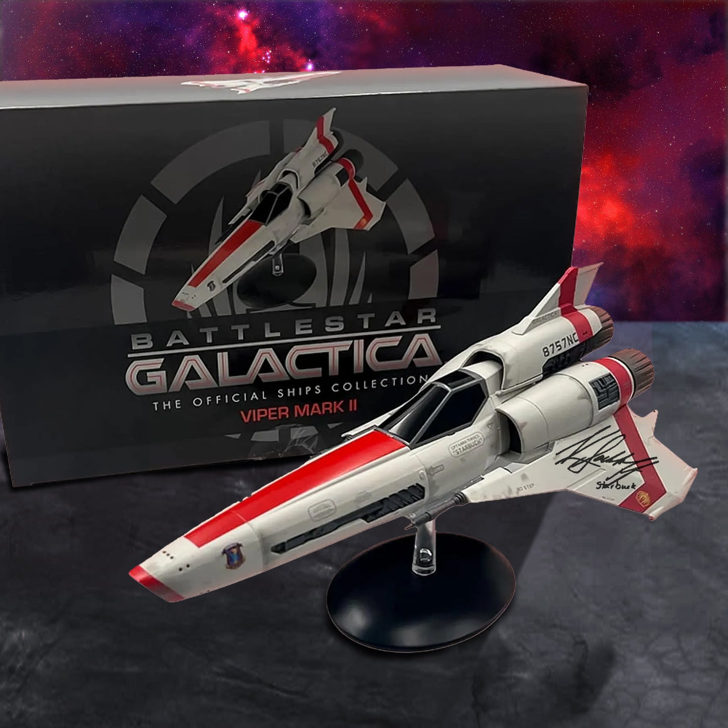 A scale replica of Starbuck's Viper MKII from the reimagined Battlestar Galactica series, with an autograph on the wing