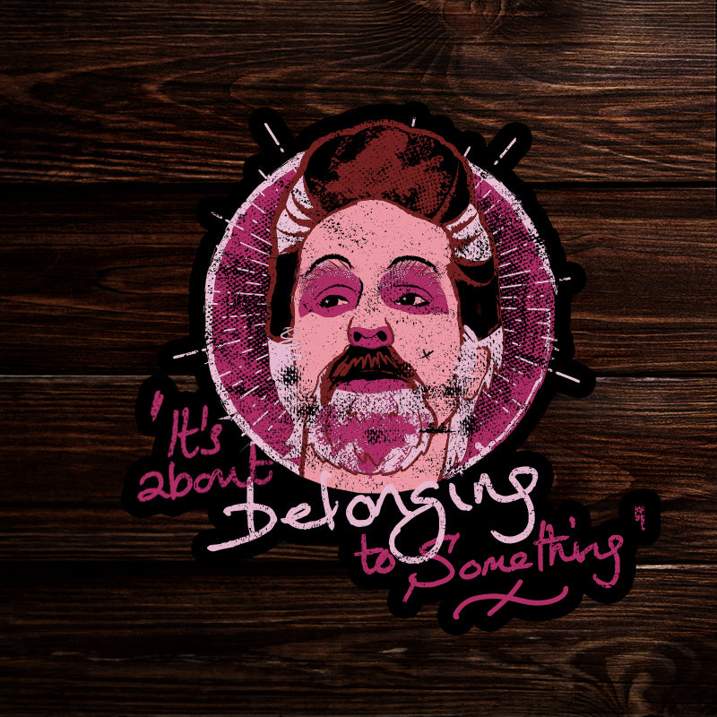 A sticker depicting the character Izzy in pink and purple. Pink and purple text says "it's about belonging to something"