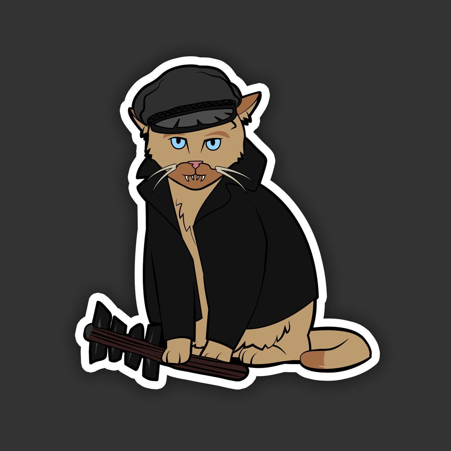 A sticker depicting a cat in a leather jacket and cap