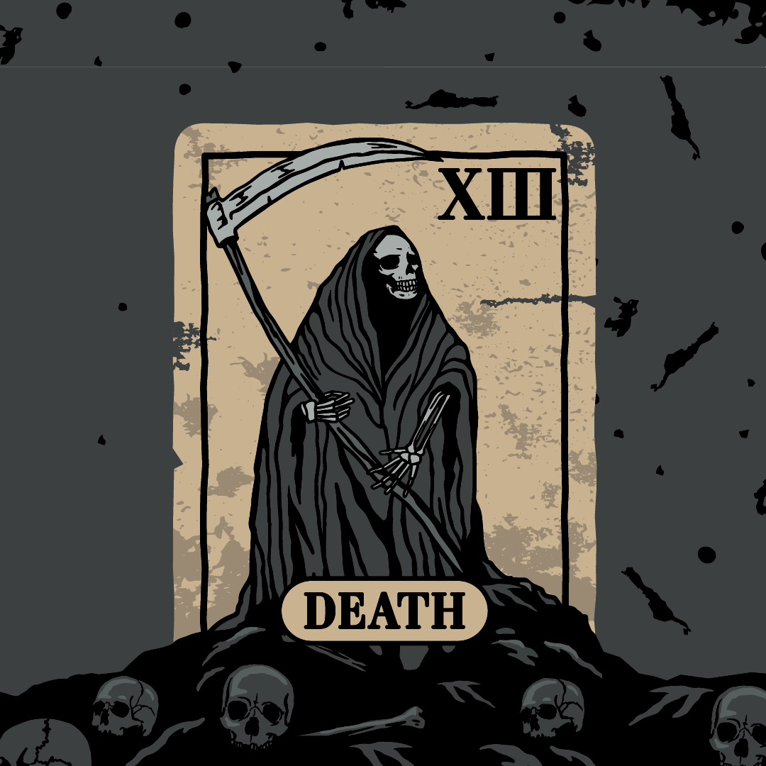 Death card from a tarot deck with a skeleton holding a scythe on a dark background.