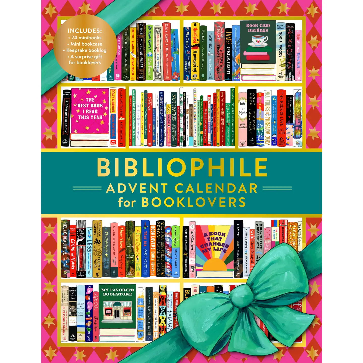 A red and green advent calendar against a white background. The front depicts shelves filled with books. Gold text says "Bibliophile, advent calendar for booklovers." A green ribbon at the edge is tied into a bow, fastening the calendar shut