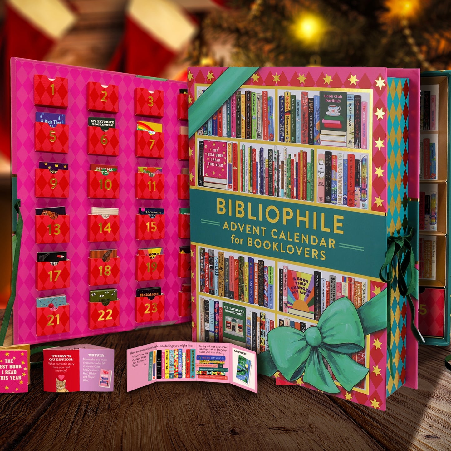 Bibliophile Advent Calendar for Booklovers with colorful design and open to reveal book-themed compartments.