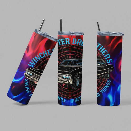 Three blue and red tumblers side by side. The background depicts red and blue flames, with a drawing of a black 1967 Impala on a red Devil's Trap symbol. Each tumbler shows a piece of the full image wrapped around it.