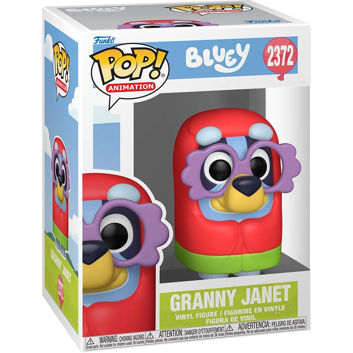 Funko Pop! vinyl figure in cardboard package, depicting Granny Janet from Bluey