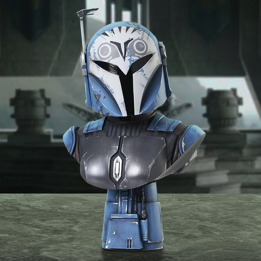 A resin bust depicting Bo-Katan from The Mandalorian