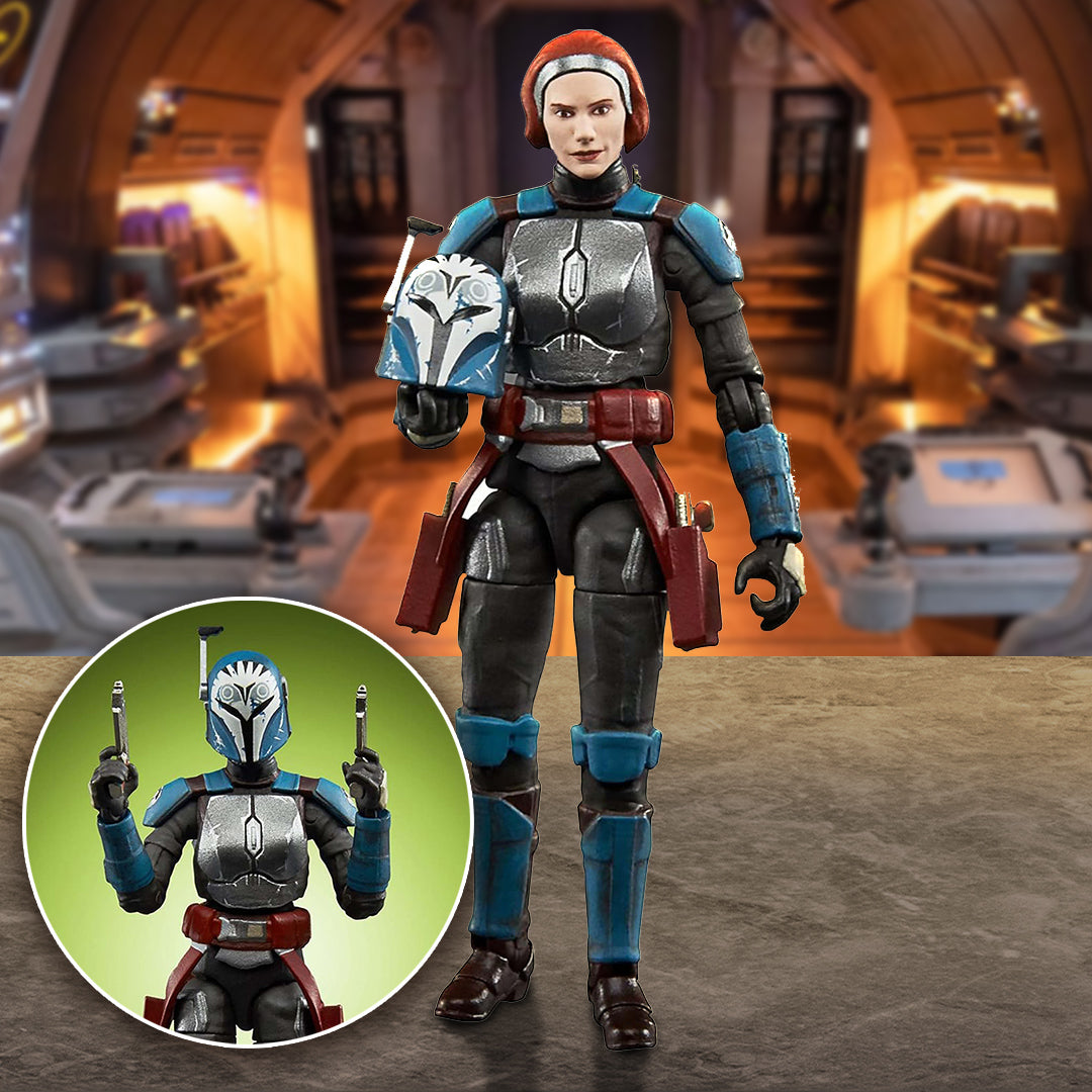 Bo-Katan Kryze action figure in a futuristic setting with a smaller inset image of the same figure.