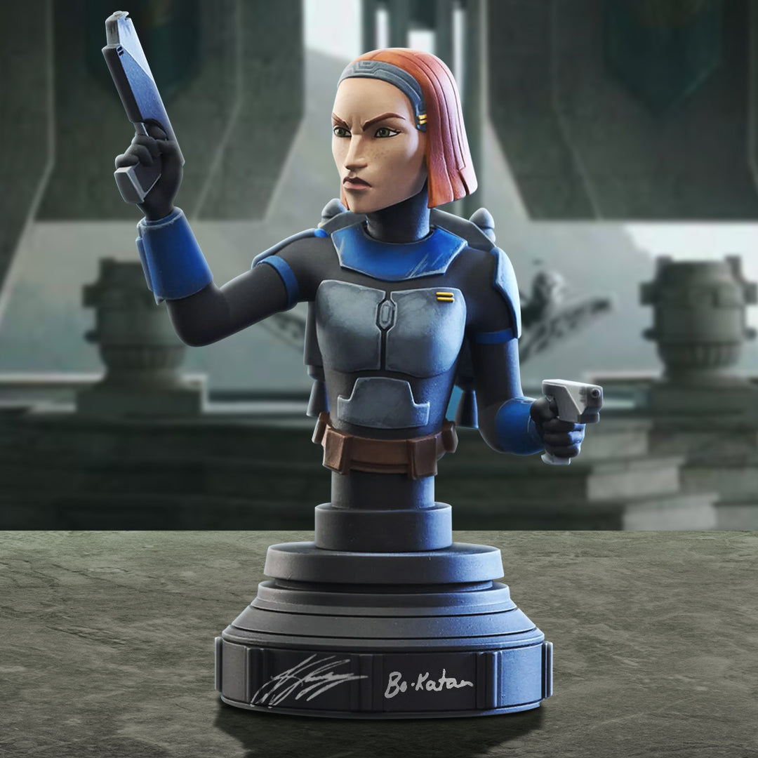 A resin bust depicting Bo-Katan from Star Wars The Clone Wars