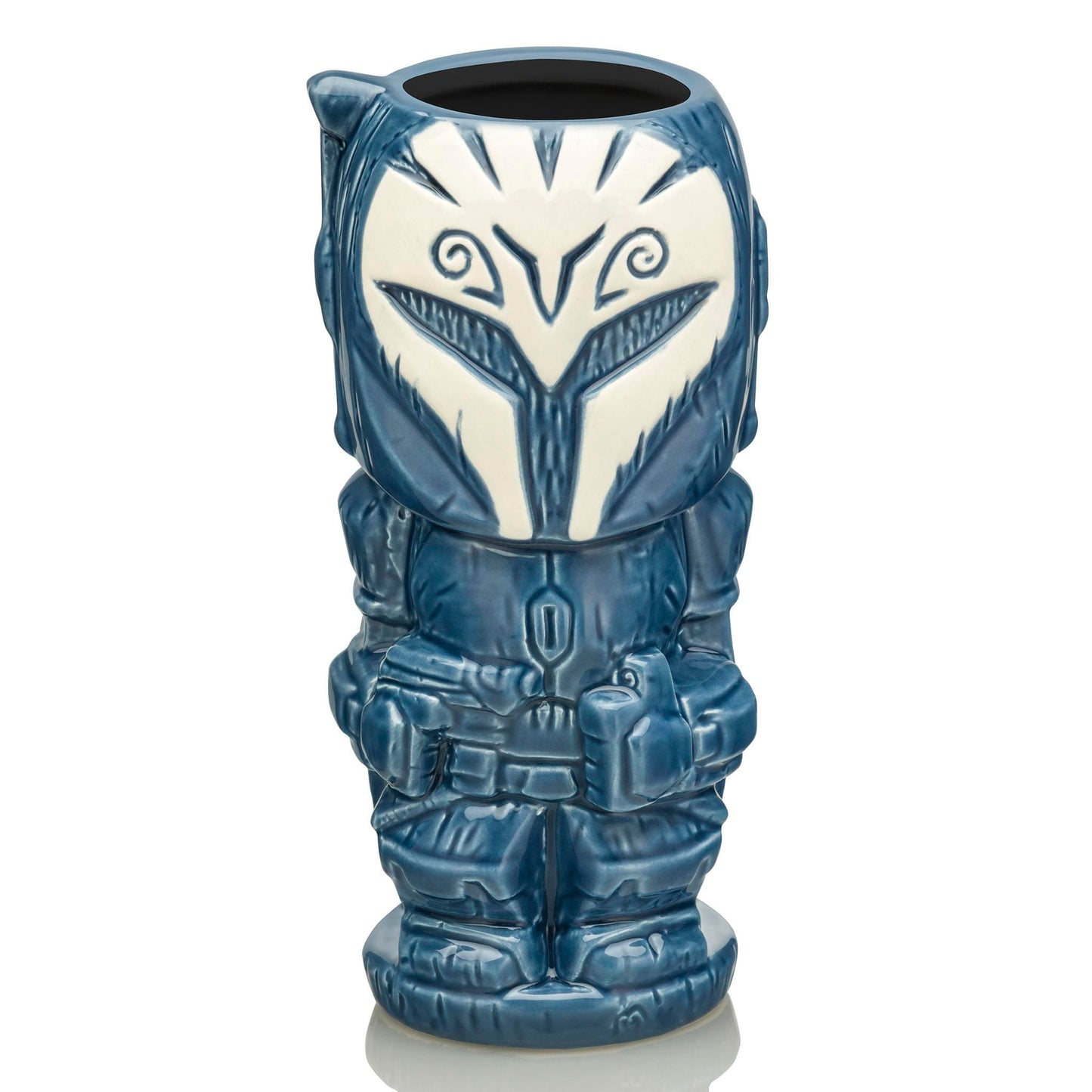 A blue tiki mug depicting the Mandalorian character Bo Katan.