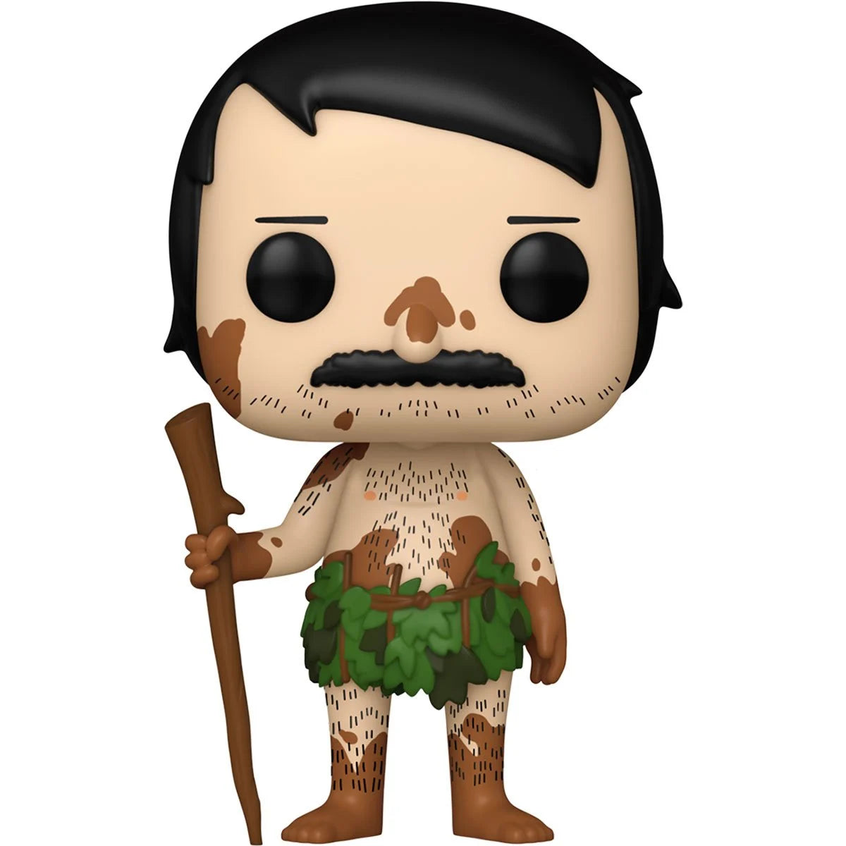 A bobblehead figure depicting Bob Belcher from Bob's Burgers, wearing leaves around his waist and carrying a stick, against a white background. He has brown splotches on his face and body.