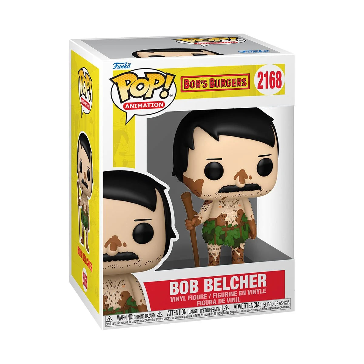 A cardboard box with a transparent front, containing a bobblehead figure depicting Bob Belcher from Bob's Burgers, wearing leaves around his waist and carrying a stick. He has brown splotches on his face and body.