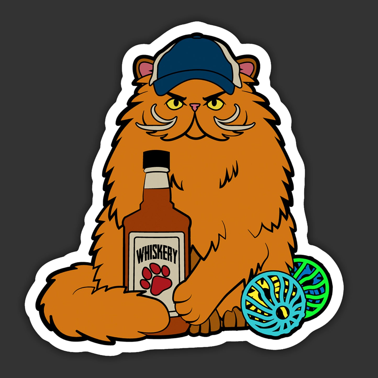 Cartoon cat holding a bottle labeled 'Whiskey' with colorful wheels on a dark background