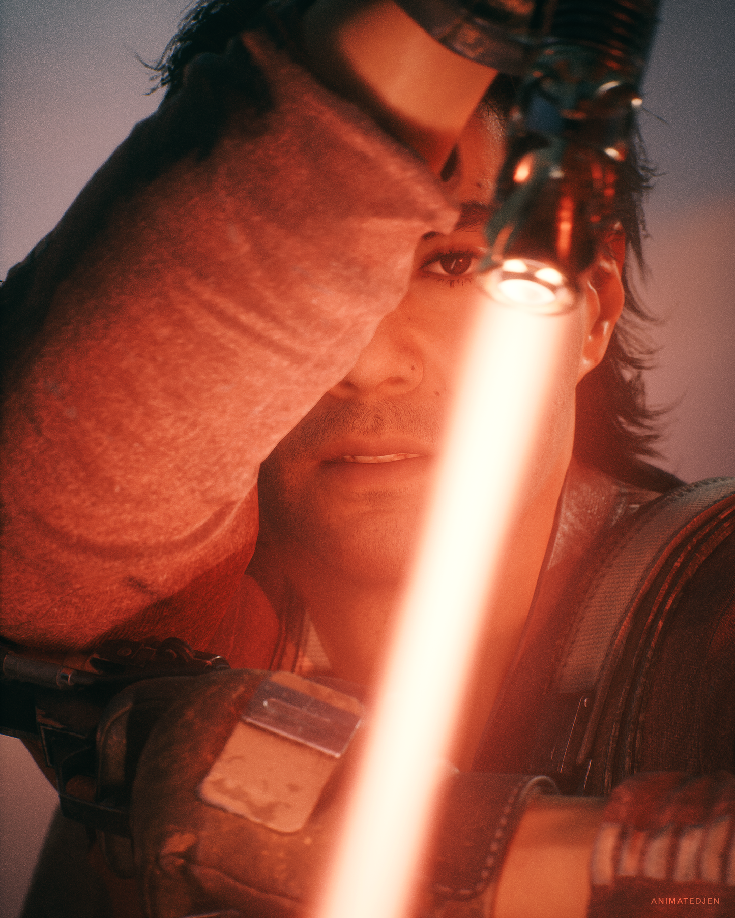 Character holding a lightsaber with a warm color tone