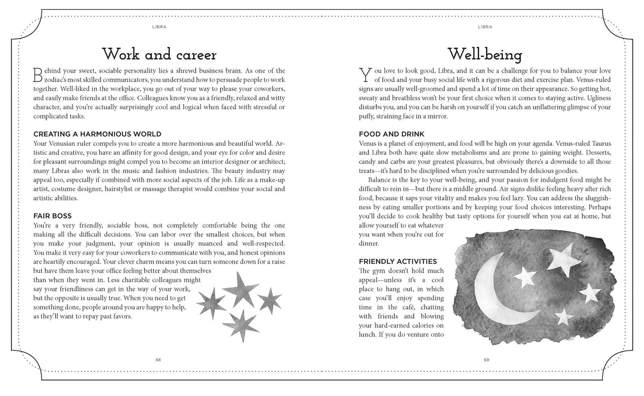 A two page spread from the book, with explanations about work and career in black text.