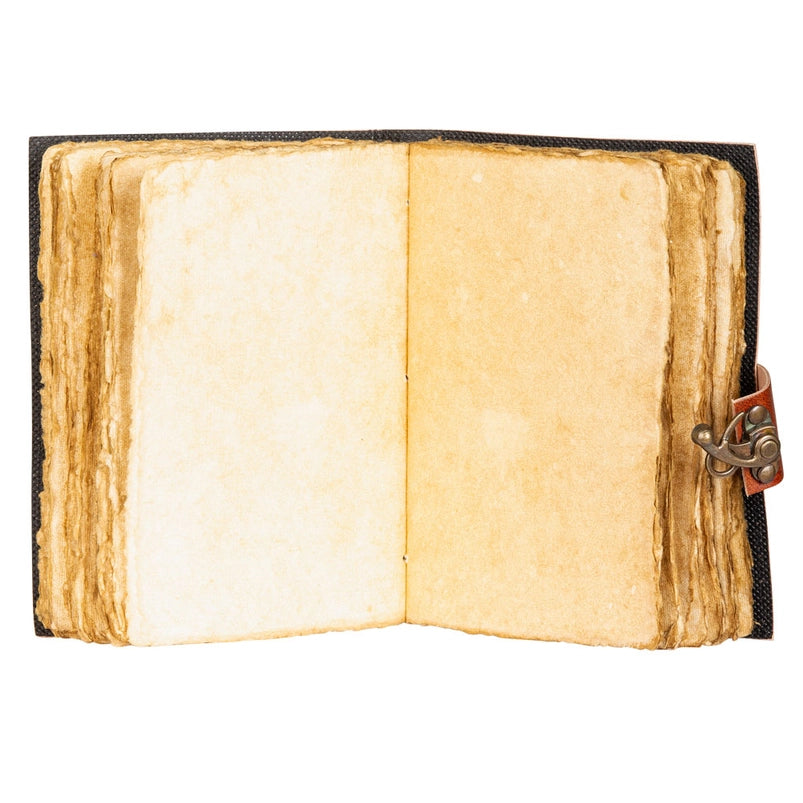 A view of the journal opened up to show the blank pages inside. The pages are styled to look like old parchment paper.