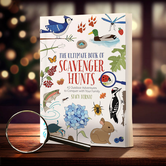 A white hardcover book on a wooden table. The front cover of the books includes drawings of various birds, insencts, flowers, and fish. Blue and red text says "The ultimate book of scavenger hunts." Next to the book is a magnifying glass. In the background is a blurred Christmas tree with white lights, next to a frosted window.