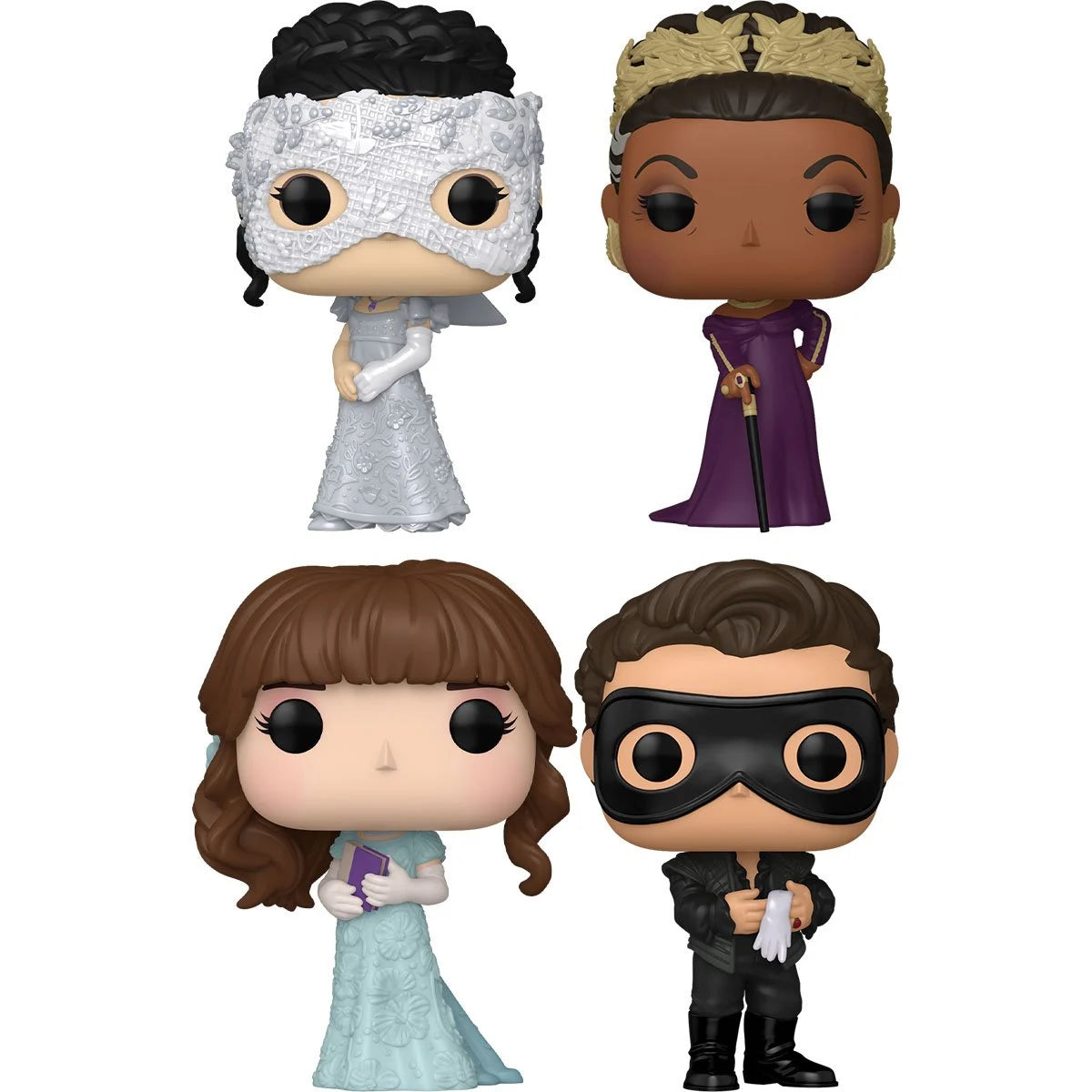 Four bobblehead figures depicting characters from the TV series "Bridgerton."