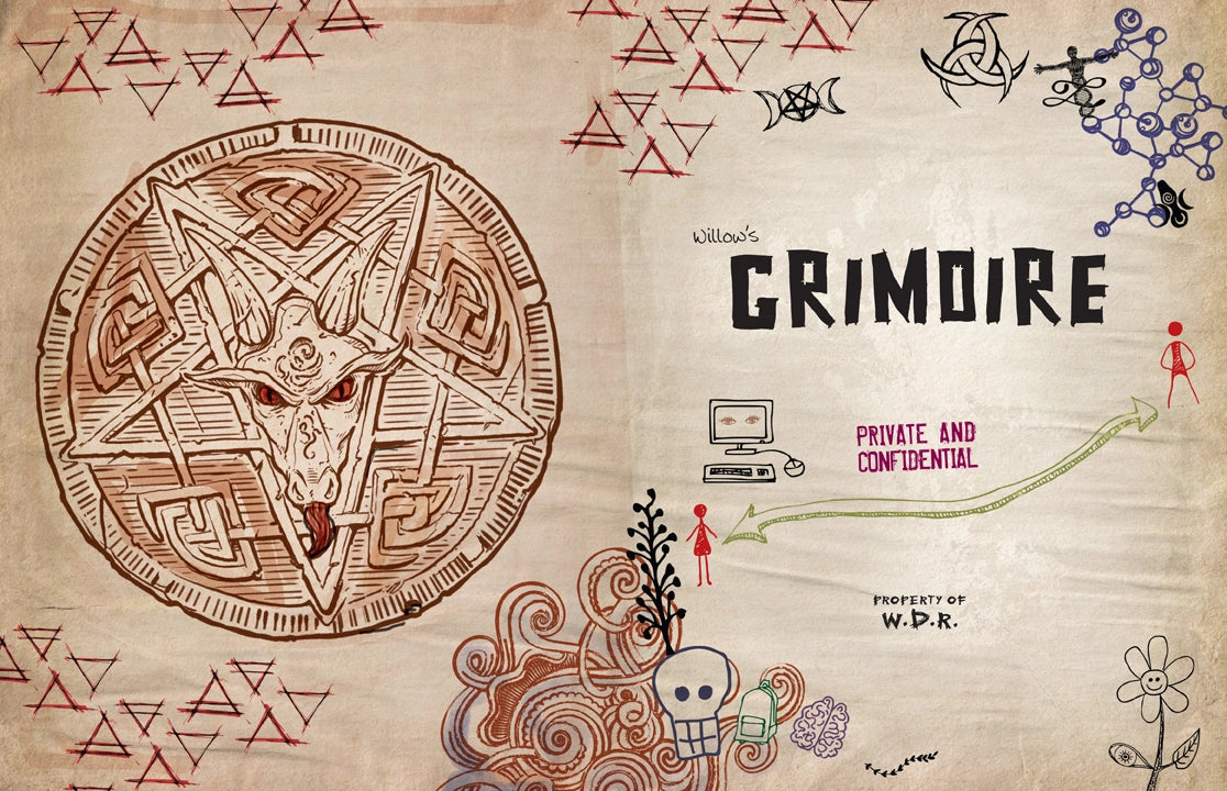 A two-spread from the book featuring drawings and text created by the character Willow.