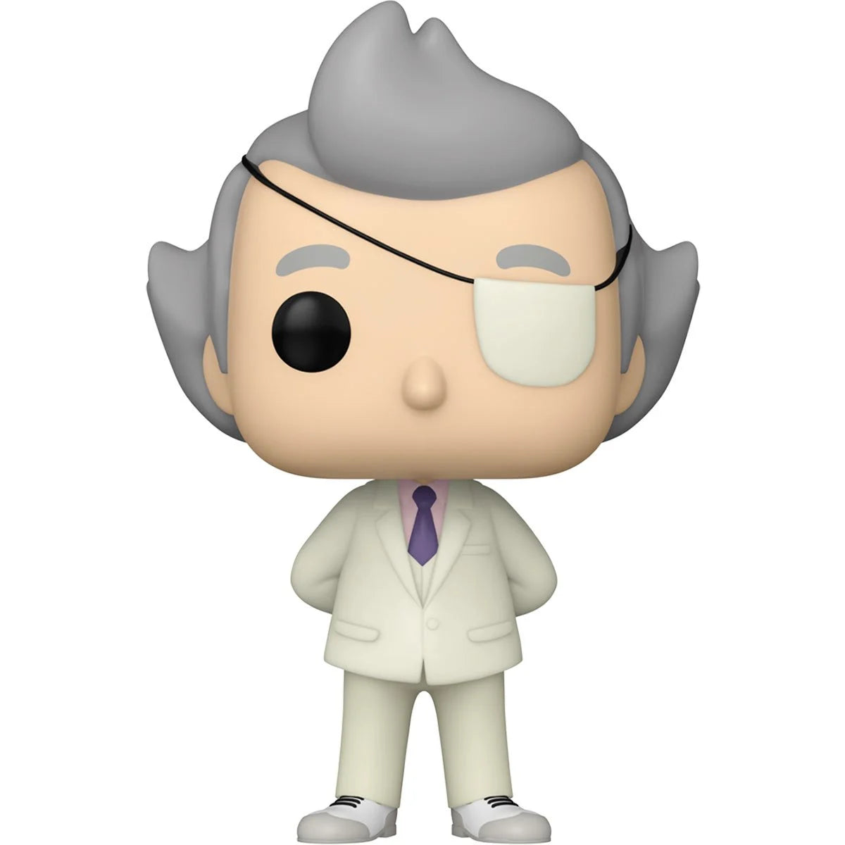 A bobblehead figure depicting Calvin Fischoeder from Bob's Burgers, in a white suit and purple tie, against a white background. He has a white eye patch covering his left eye.